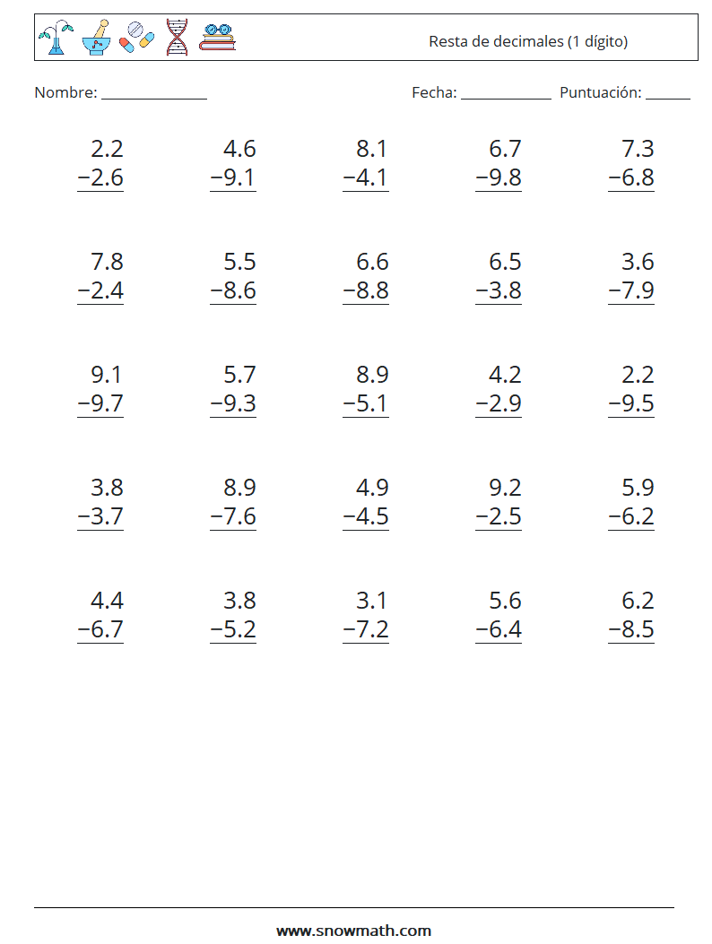 (25) Resta de decimales (1 dígito) Hojas de trabajo de matemáticas 2