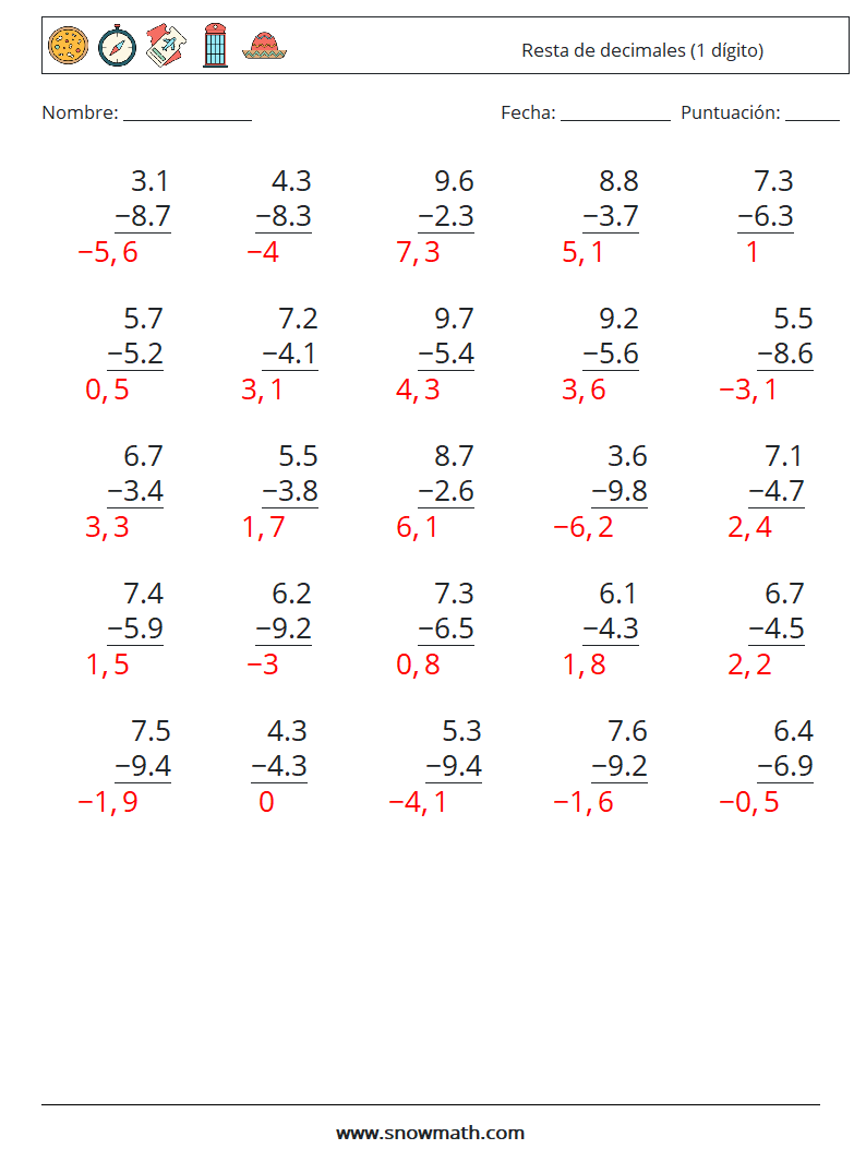 (25) Resta de decimales (1 dígito) Hojas de trabajo de matemáticas 3 Pregunta, respuesta