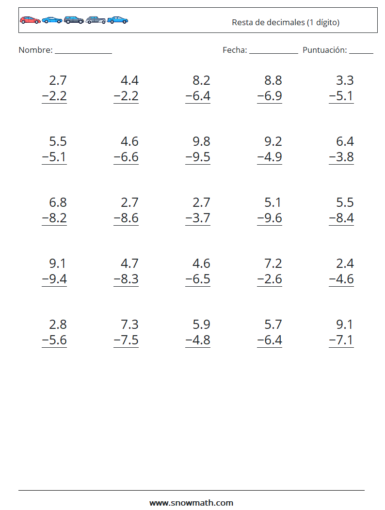 (25) Resta de decimales (1 dígito) Hojas de trabajo de matemáticas 4