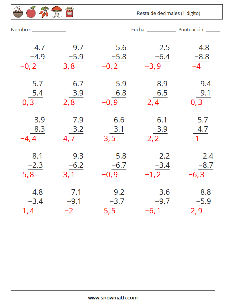 (25) Resta de decimales (1 dígito) Hojas de trabajo de matemáticas 5 Pregunta, respuesta