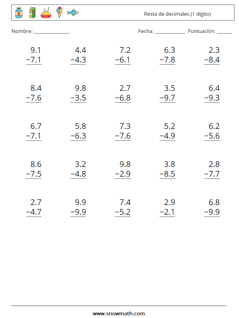 (25) Resta de decimales (1 dígito) Hojas de trabajo de matemáticas 6