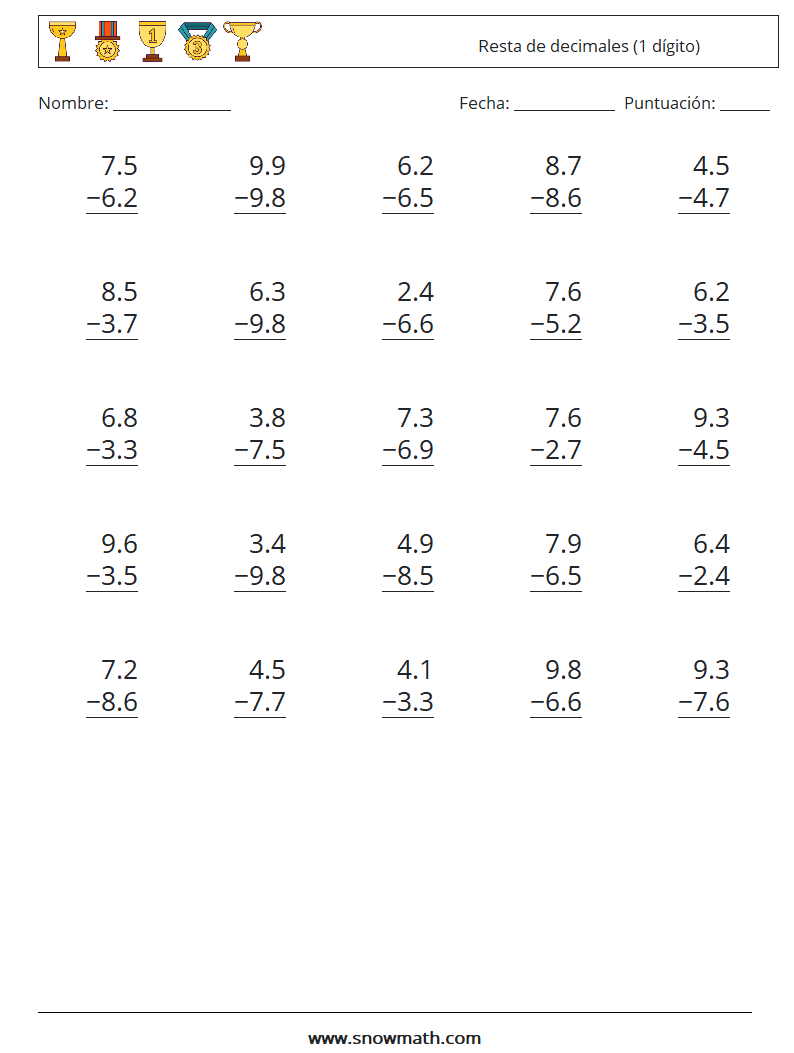 (25) Resta de decimales (1 dígito) Hojas de trabajo de matemáticas 9