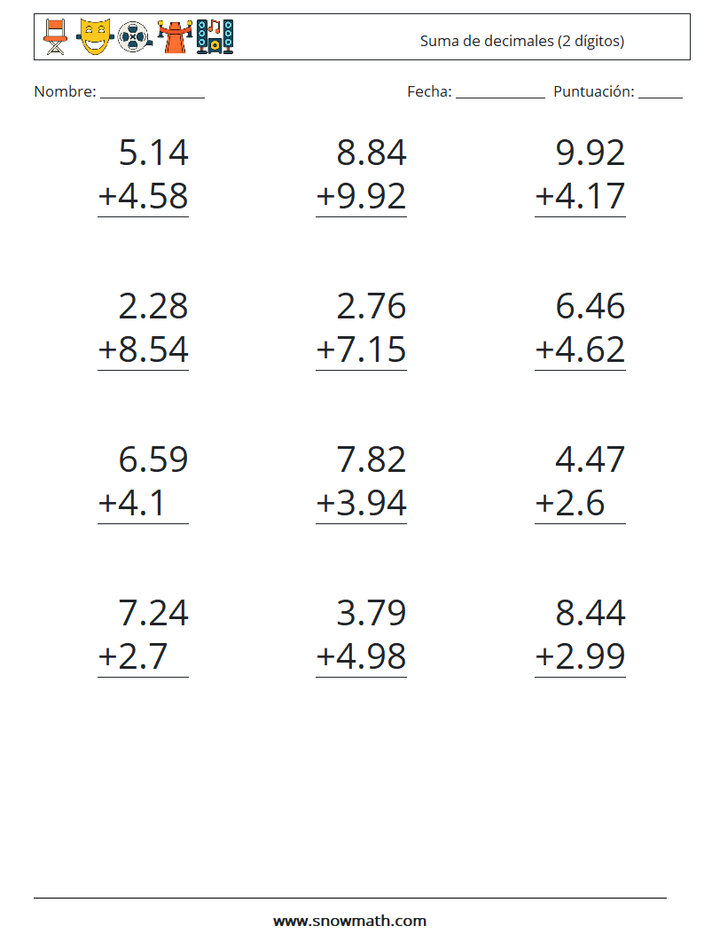 (12) Suma de decimales (2 dígitos) Hojas de trabajo de matemáticas 1