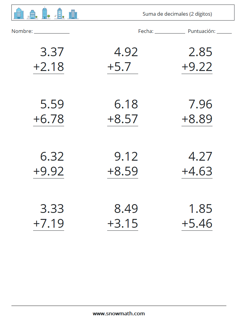 (12) Suma de decimales (2 dígitos) Hojas de trabajo de matemáticas 10