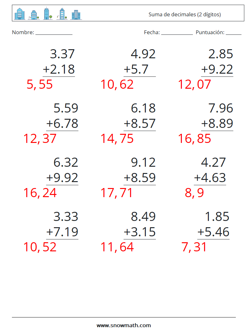 (12) Suma de decimales (2 dígitos) Hojas de trabajo de matemáticas 10 Pregunta, respuesta