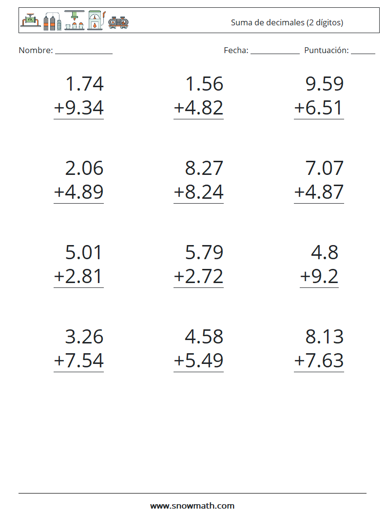 (12) Suma de decimales (2 dígitos) Hojas de trabajo de matemáticas 11