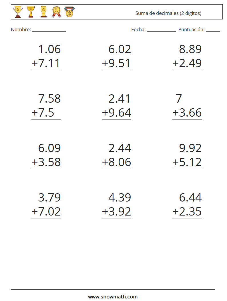 (12) Suma de decimales (2 dígitos) Hojas de trabajo de matemáticas 12