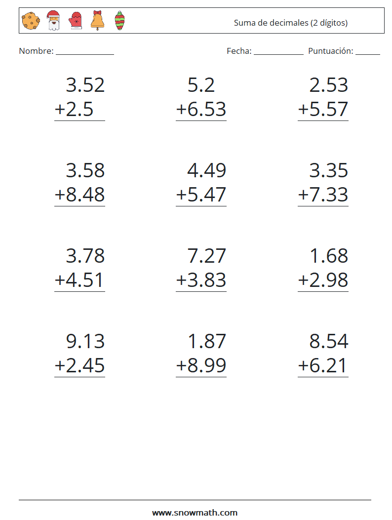 (12) Suma de decimales (2 dígitos) Hojas de trabajo de matemáticas 13