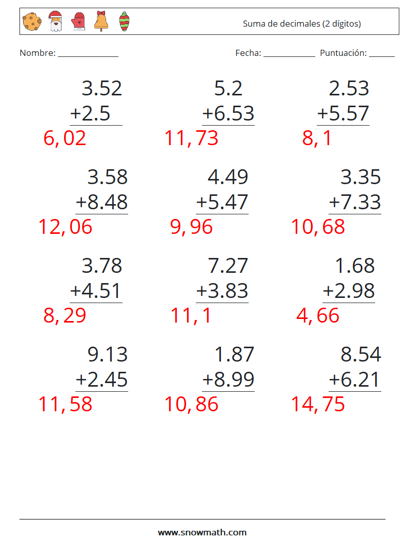 (12) Suma de decimales (2 dígitos) Hojas de trabajo de matemáticas 13 Pregunta, respuesta