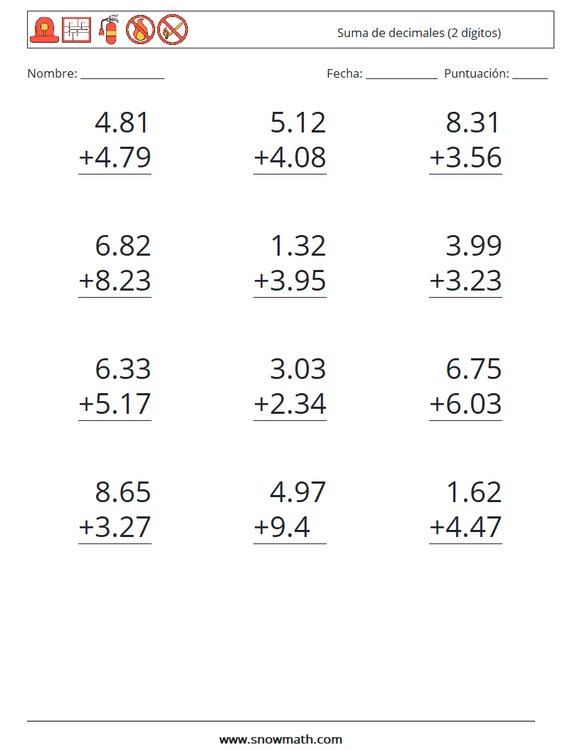 (12) Suma de decimales (2 dígitos) Hojas de trabajo de matemáticas 15