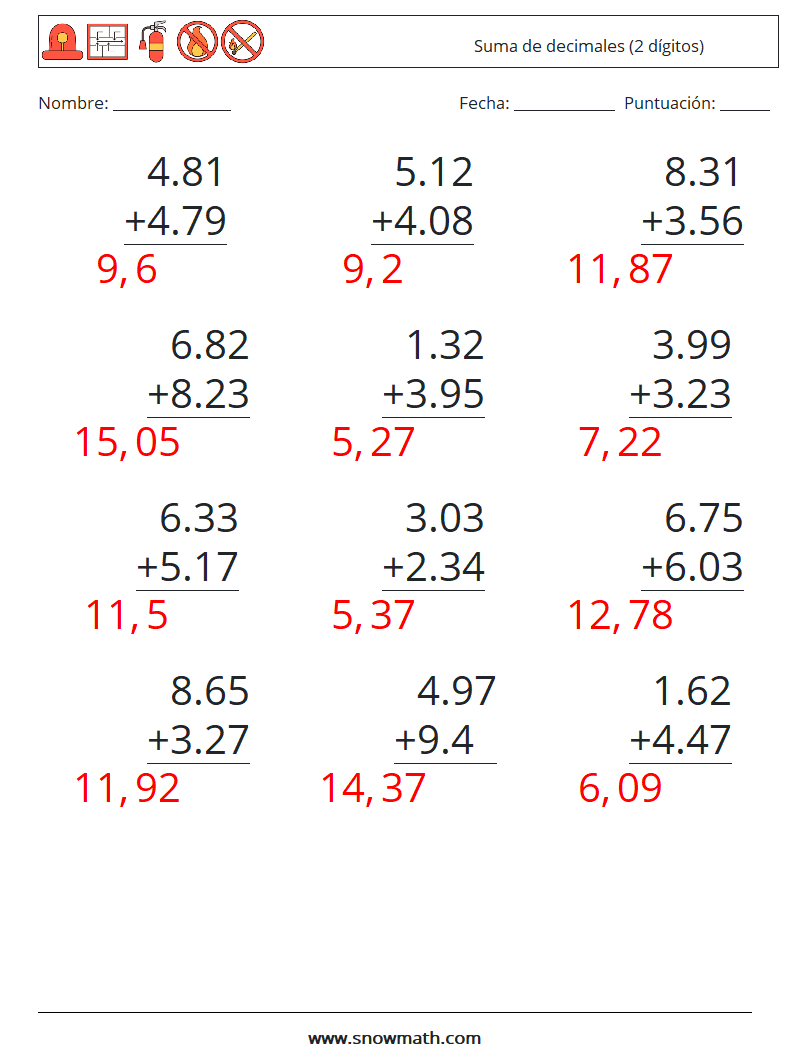 (12) Suma de decimales (2 dígitos) Hojas de trabajo de matemáticas 15 Pregunta, respuesta