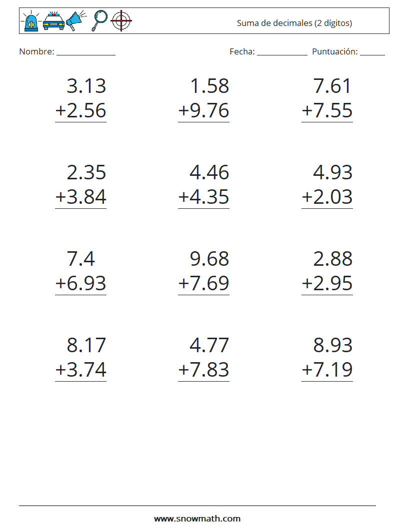 (12) Suma de decimales (2 dígitos) Hojas de trabajo de matemáticas 16