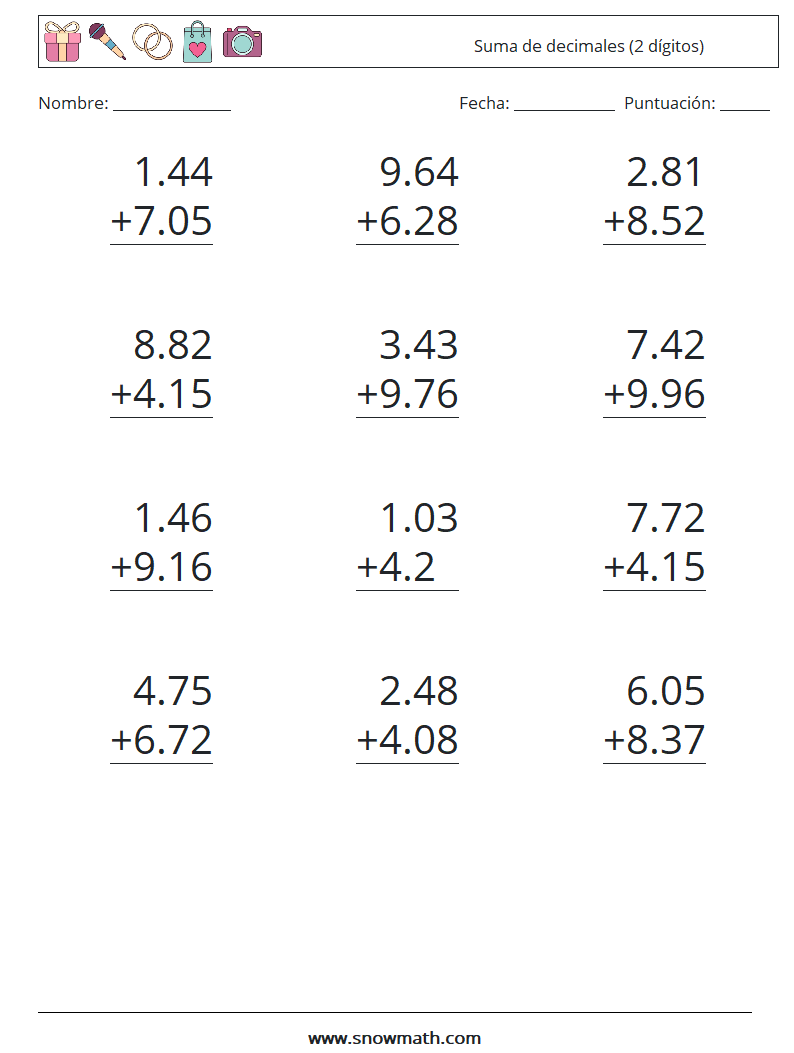 (12) Suma de decimales (2 dígitos) Hojas de trabajo de matemáticas 17