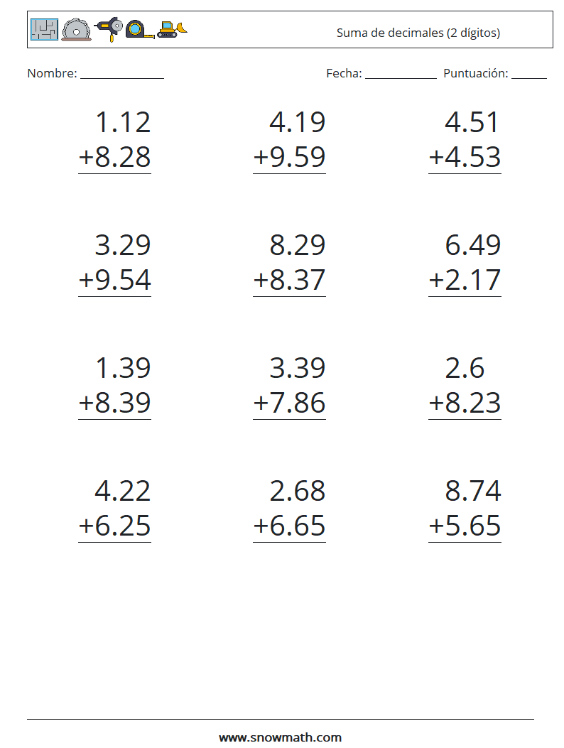 (12) Suma de decimales (2 dígitos) Hojas de trabajo de matemáticas 18