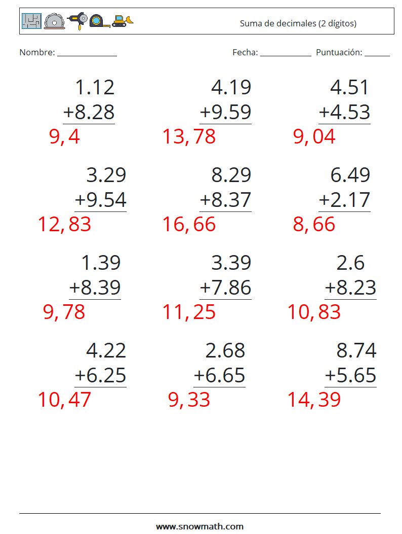 (12) Suma de decimales (2 dígitos) Hojas de trabajo de matemáticas 18 Pregunta, respuesta