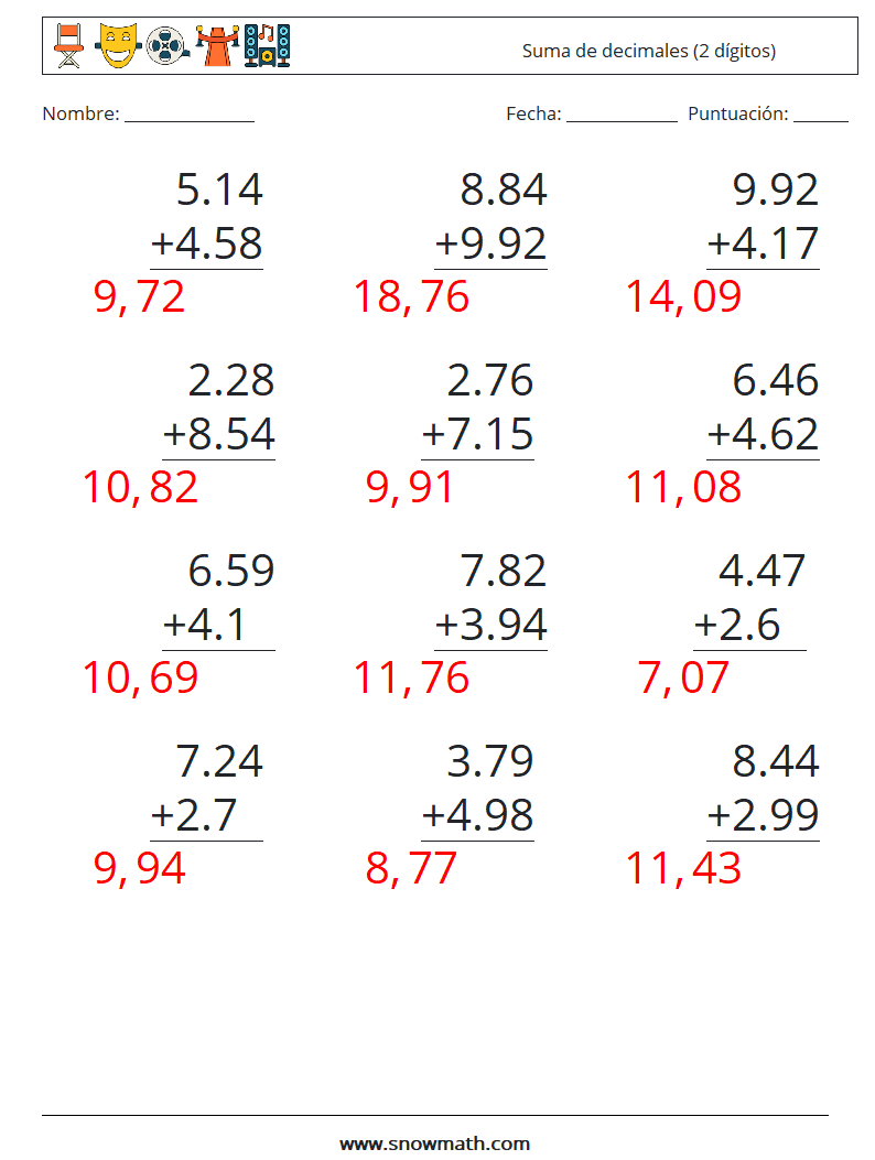 (12) Suma de decimales (2 dígitos) Hojas de trabajo de matemáticas 1 Pregunta, respuesta