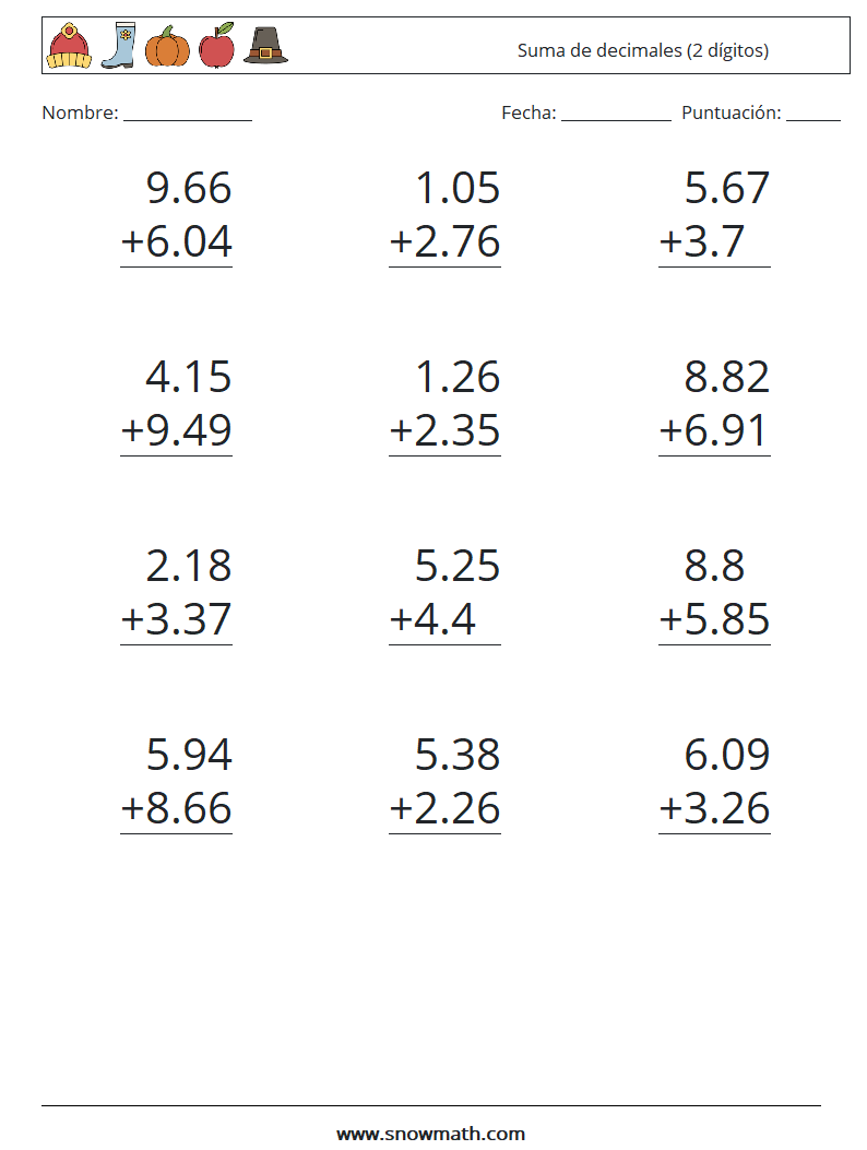 (12) Suma de decimales (2 dígitos) Hojas de trabajo de matemáticas 2