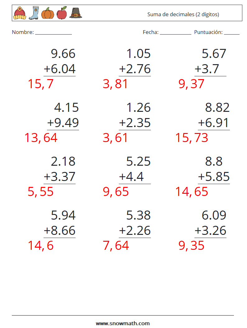 (12) Suma de decimales (2 dígitos) Hojas de trabajo de matemáticas 2 Pregunta, respuesta