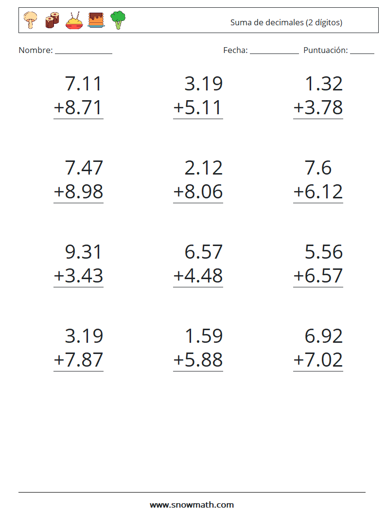 (12) Suma de decimales (2 dígitos) Hojas de trabajo de matemáticas 3