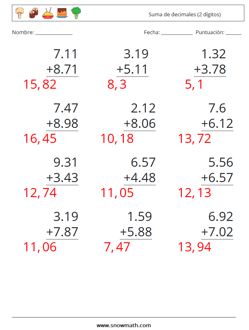 (12) Suma de decimales (2 dígitos) Hojas de trabajo de matemáticas 3 Pregunta, respuesta