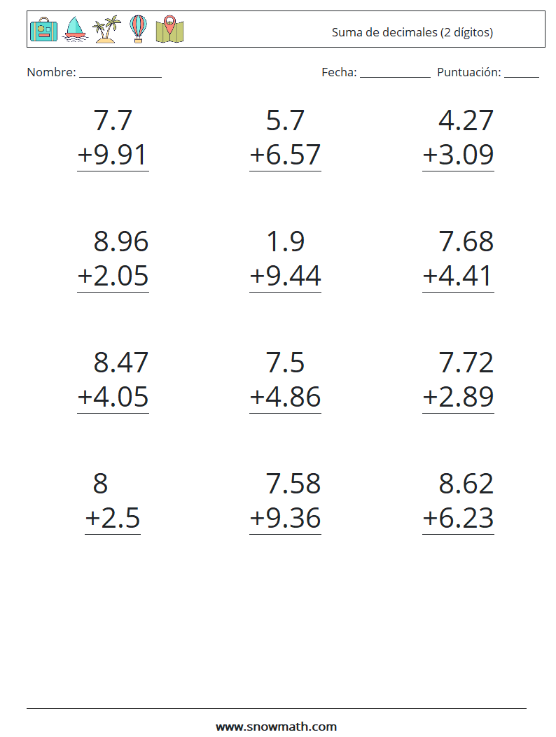 (12) Suma de decimales (2 dígitos) Hojas de trabajo de matemáticas 4