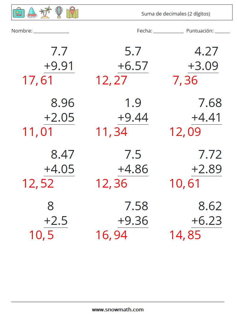 (12) Suma de decimales (2 dígitos) Hojas de trabajo de matemáticas 4 Pregunta, respuesta