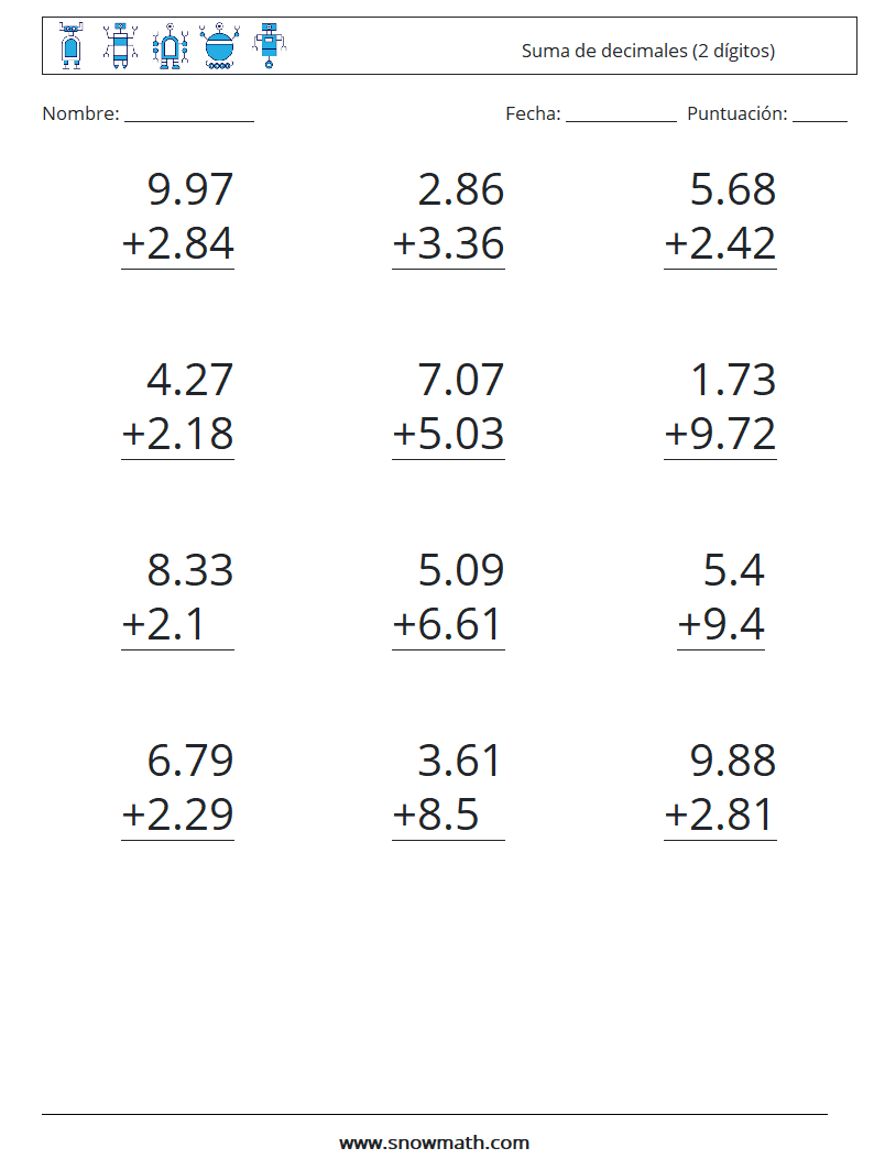 (12) Suma de decimales (2 dígitos) Hojas de trabajo de matemáticas 5