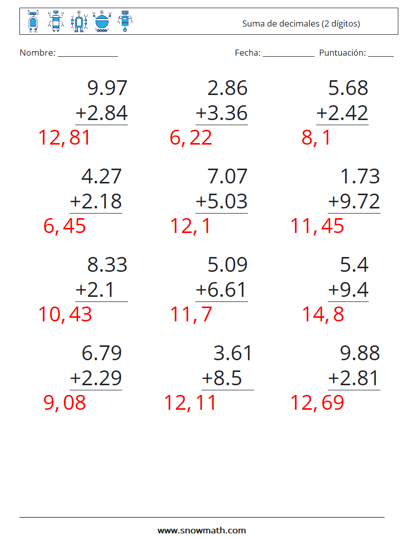 (12) Suma de decimales (2 dígitos) Hojas de trabajo de matemáticas 5 Pregunta, respuesta