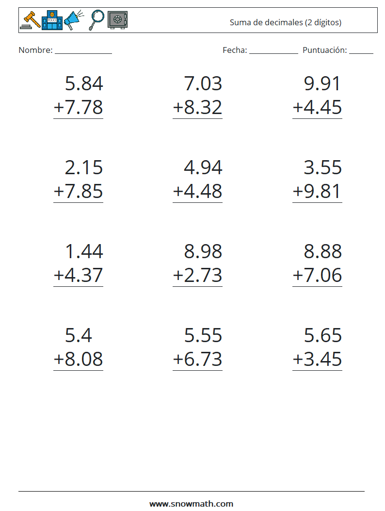 (12) Suma de decimales (2 dígitos) Hojas de trabajo de matemáticas 6