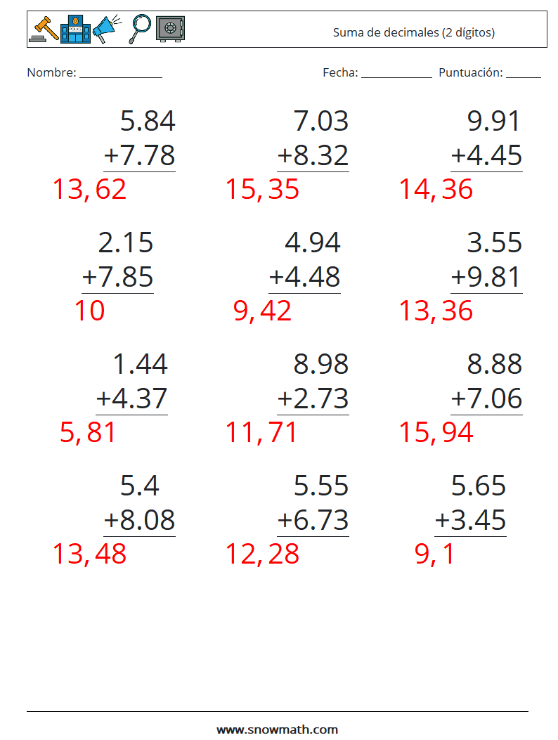 (12) Suma de decimales (2 dígitos) Hojas de trabajo de matemáticas 6 Pregunta, respuesta