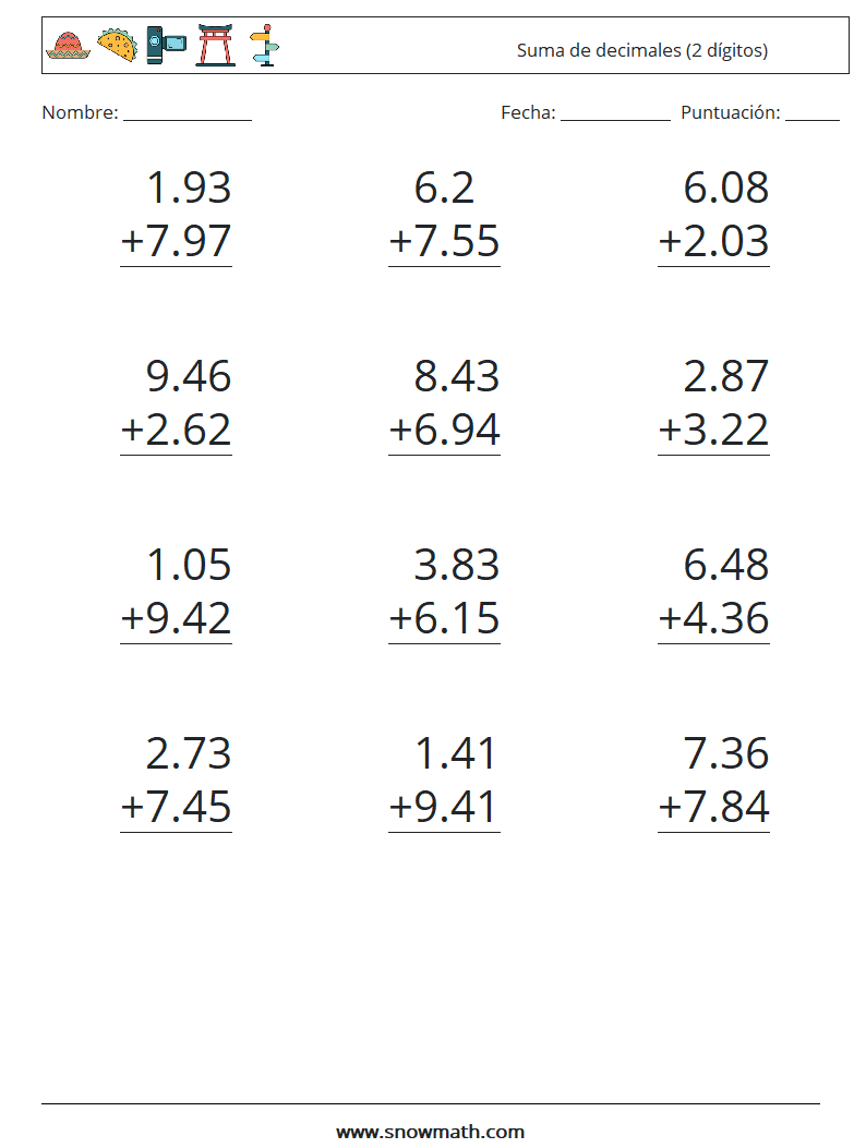 (12) Suma de decimales (2 dígitos) Hojas de trabajo de matemáticas 7