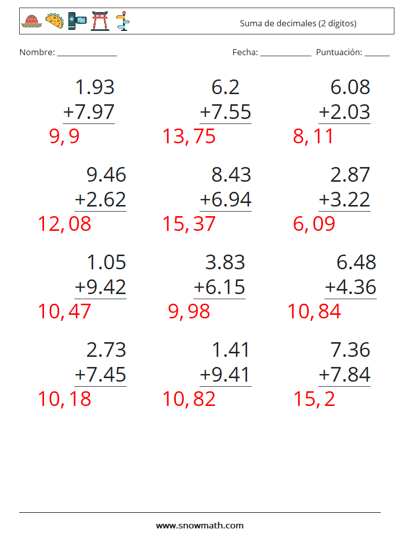 (12) Suma de decimales (2 dígitos) Hojas de trabajo de matemáticas 7 Pregunta, respuesta