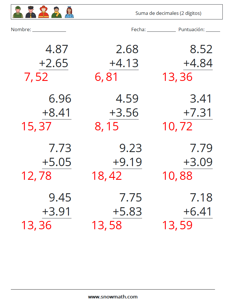 (12) Suma de decimales (2 dígitos) Hojas de trabajo de matemáticas 8 Pregunta, respuesta