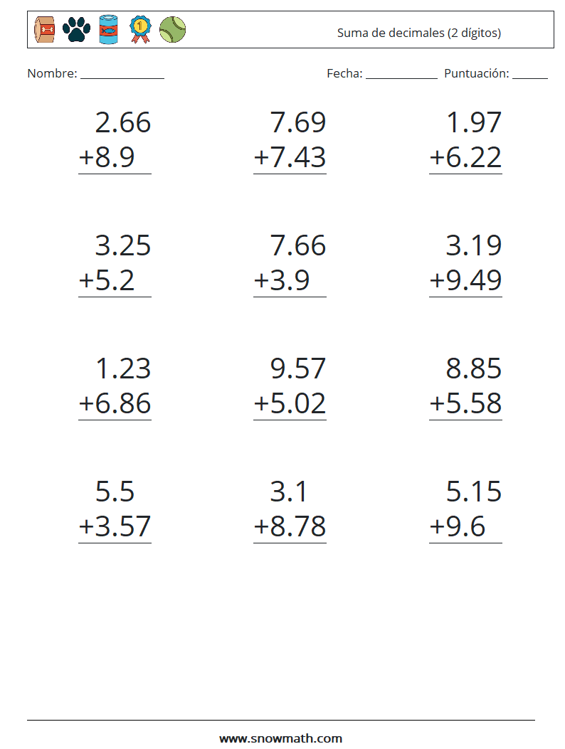 (12) Suma de decimales (2 dígitos) Hojas de trabajo de matemáticas 9