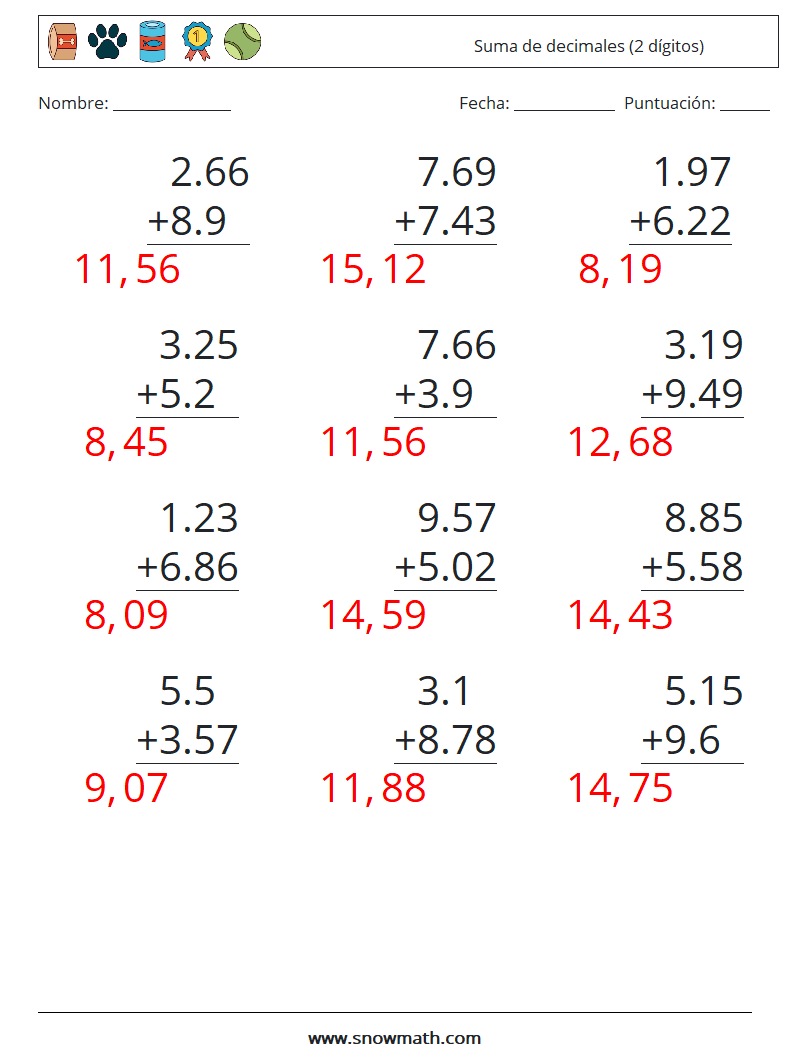 (12) Suma de decimales (2 dígitos) Hojas de trabajo de matemáticas 9 Pregunta, respuesta