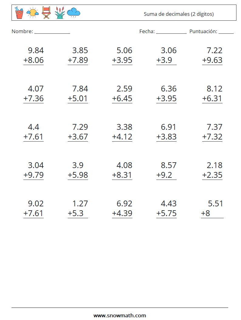 (25) Suma de decimales (2 dígitos) Hojas de trabajo de matemáticas 1