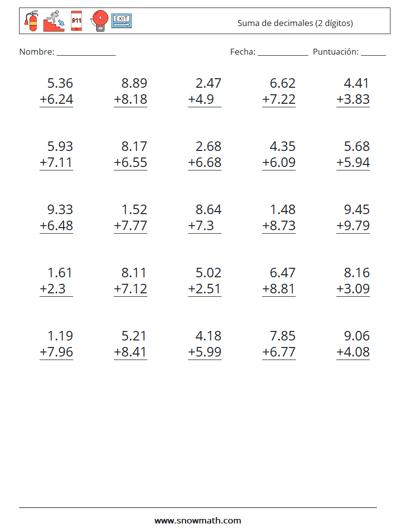 (25) Suma de decimales (2 dígitos) Hojas de trabajo de matemáticas 10