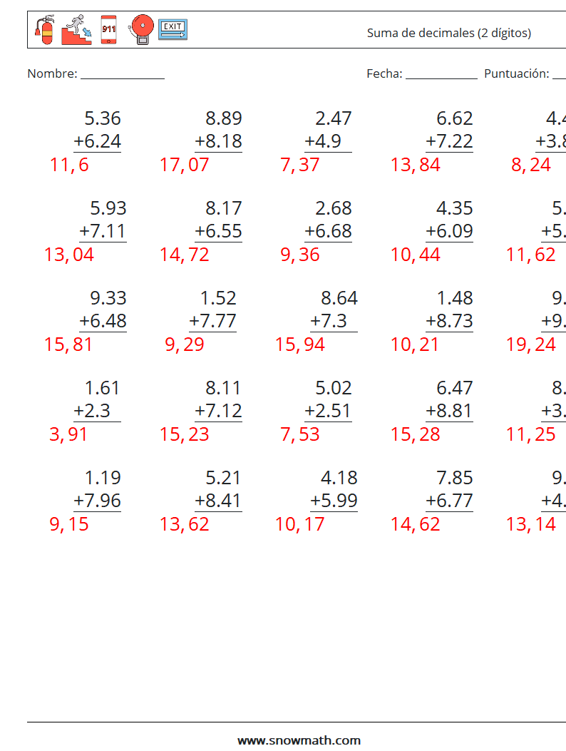 (25) Suma de decimales (2 dígitos) Hojas de trabajo de matemáticas 10 Pregunta, respuesta