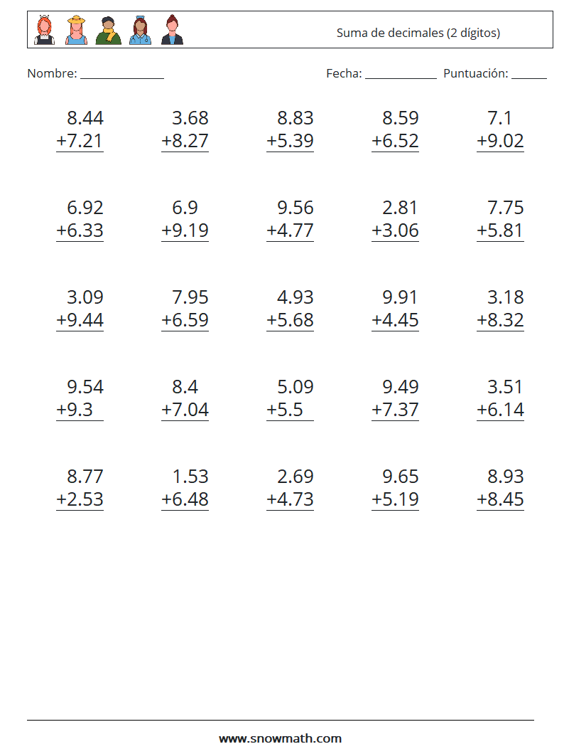 (25) Suma de decimales (2 dígitos) Hojas de trabajo de matemáticas 11