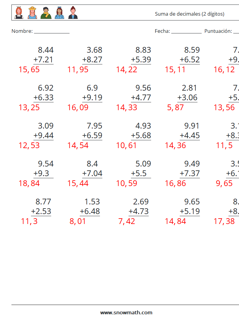 (25) Suma de decimales (2 dígitos) Hojas de trabajo de matemáticas 11 Pregunta, respuesta