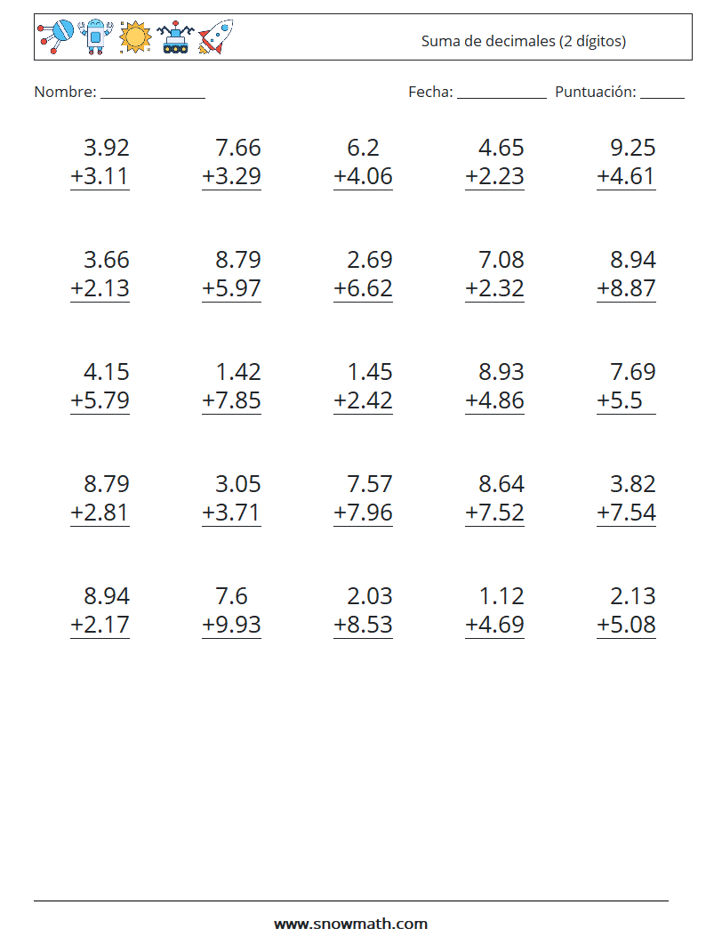 (25) Suma de decimales (2 dígitos) Hojas de trabajo de matemáticas 12