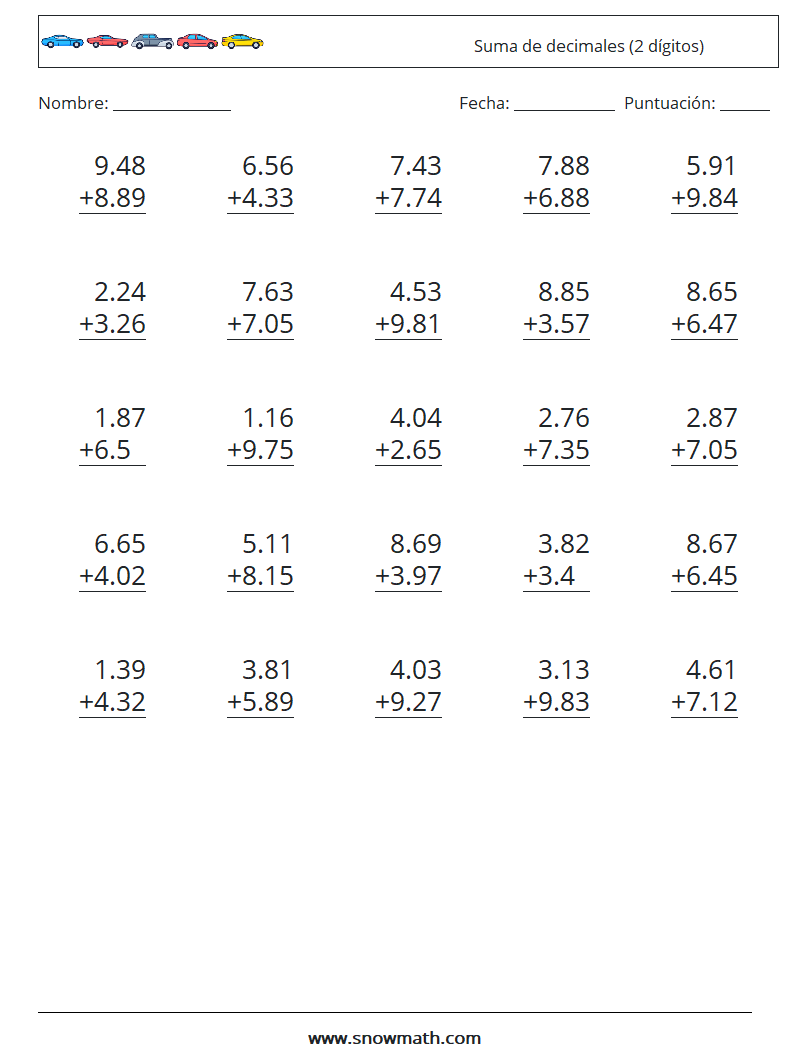 (25) Suma de decimales (2 dígitos) Hojas de trabajo de matemáticas 13