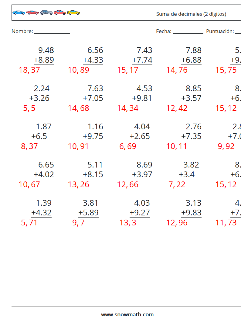 (25) Suma de decimales (2 dígitos) Hojas de trabajo de matemáticas 13 Pregunta, respuesta