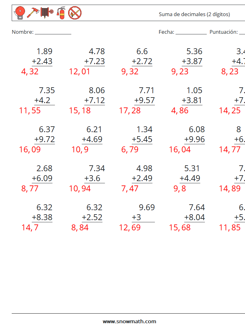 (25) Suma de decimales (2 dígitos) Hojas de trabajo de matemáticas 14 Pregunta, respuesta