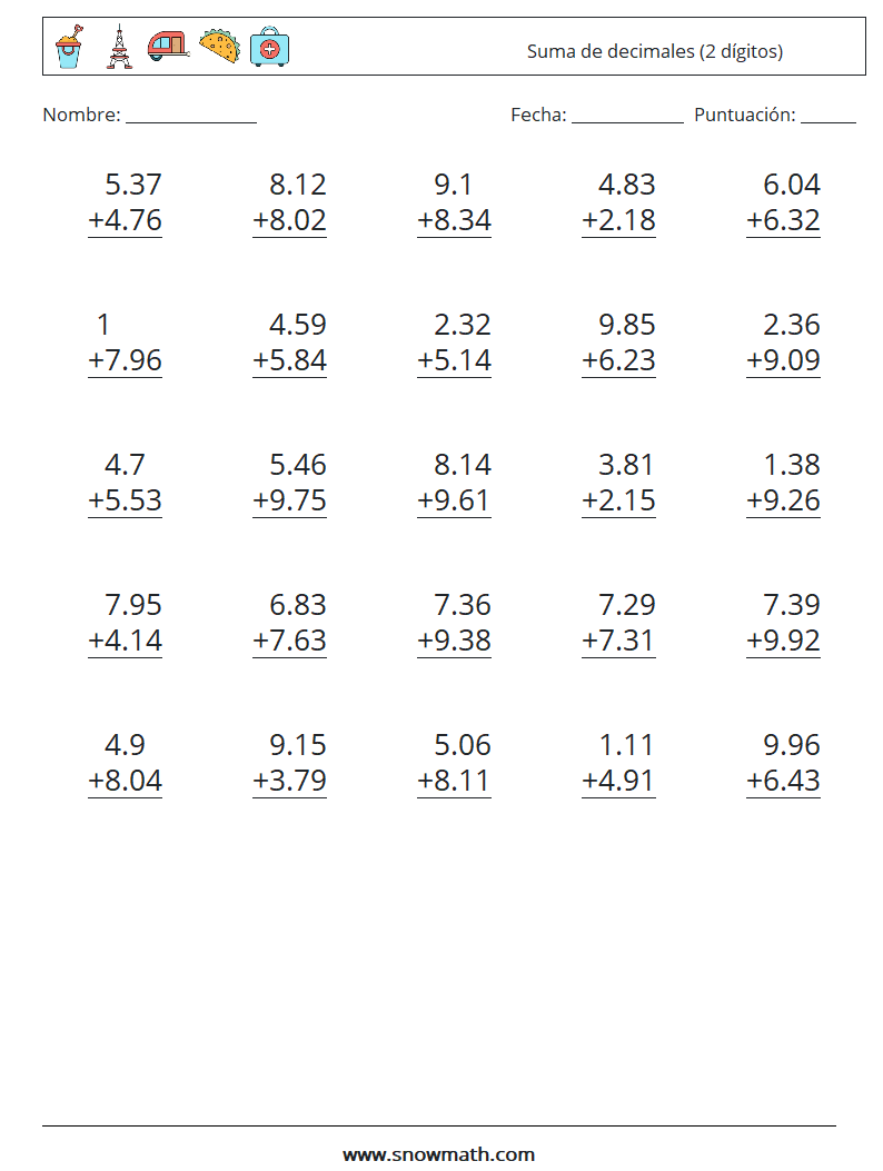 (25) Suma de decimales (2 dígitos) Hojas de trabajo de matemáticas 15