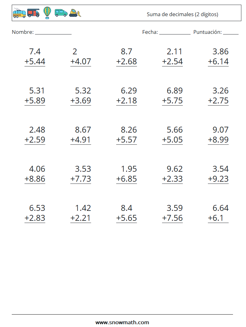 (25) Suma de decimales (2 dígitos) Hojas de trabajo de matemáticas 17