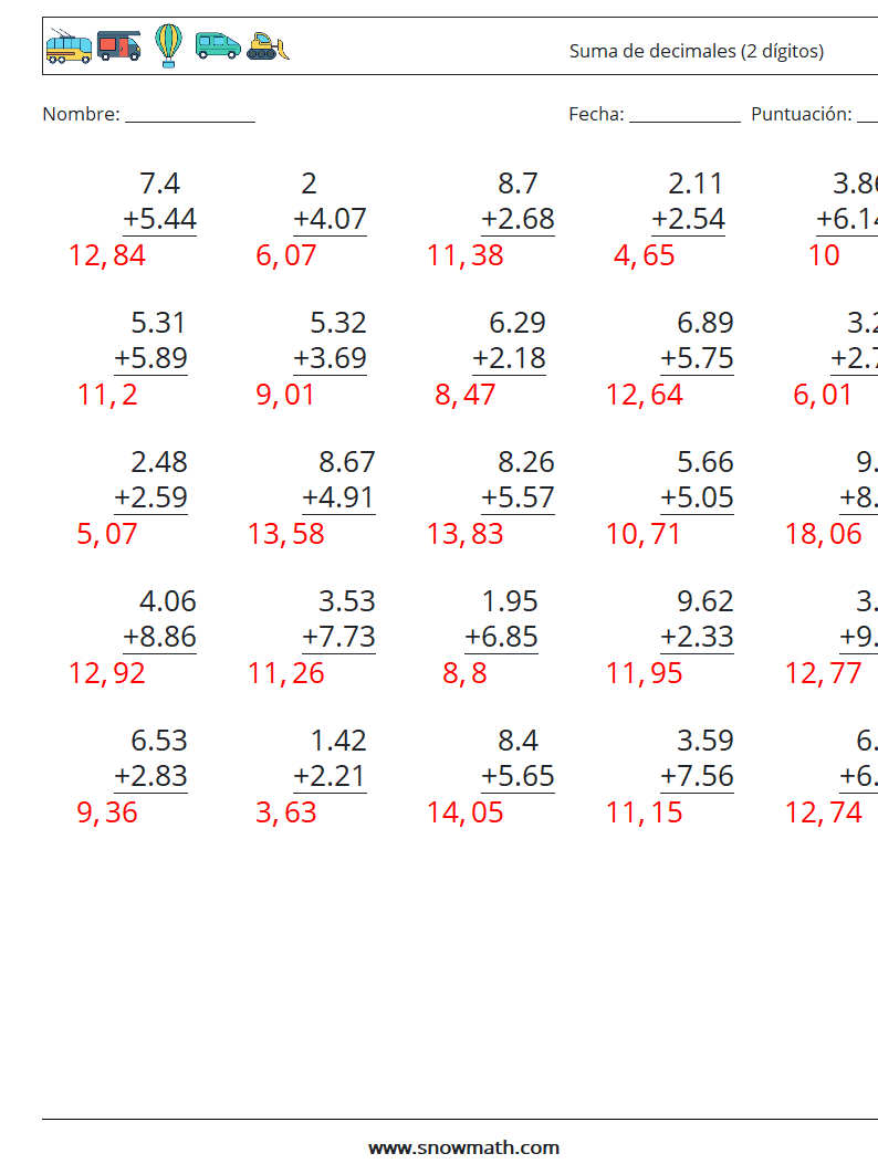 (25) Suma de decimales (2 dígitos) Hojas de trabajo de matemáticas 17 Pregunta, respuesta