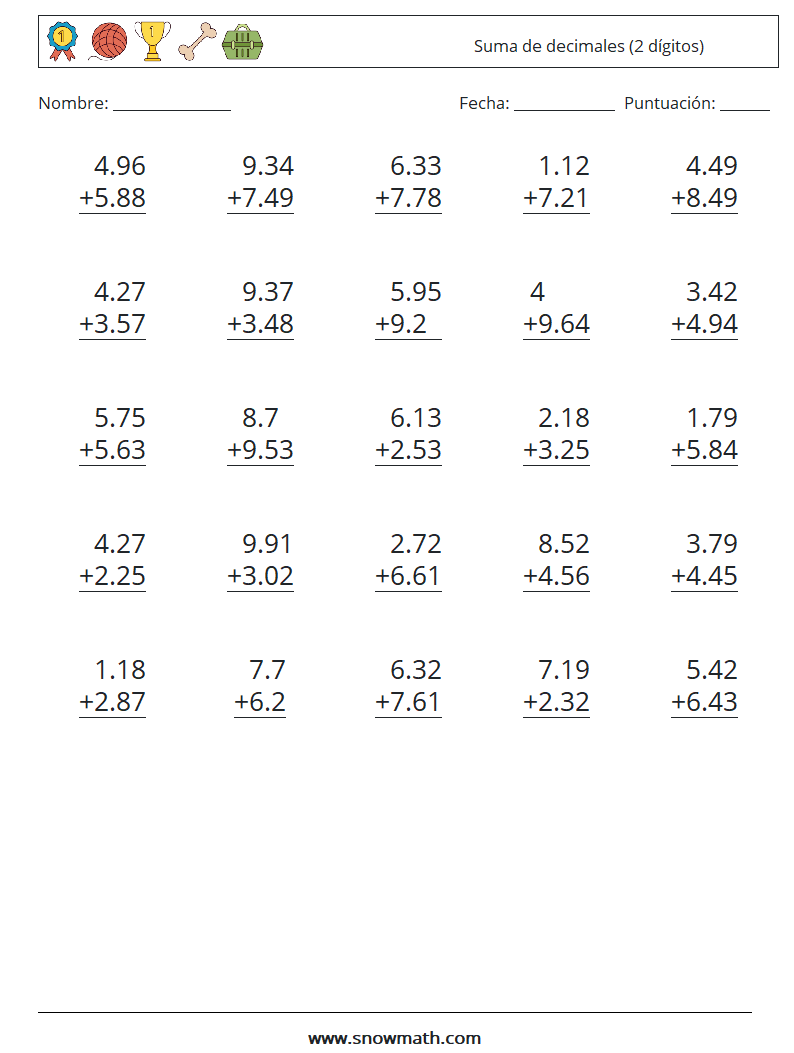 (25) Suma de decimales (2 dígitos) Hojas de trabajo de matemáticas 18