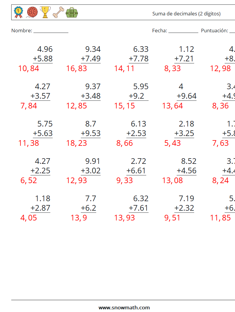 (25) Suma de decimales (2 dígitos) Hojas de trabajo de matemáticas 18 Pregunta, respuesta