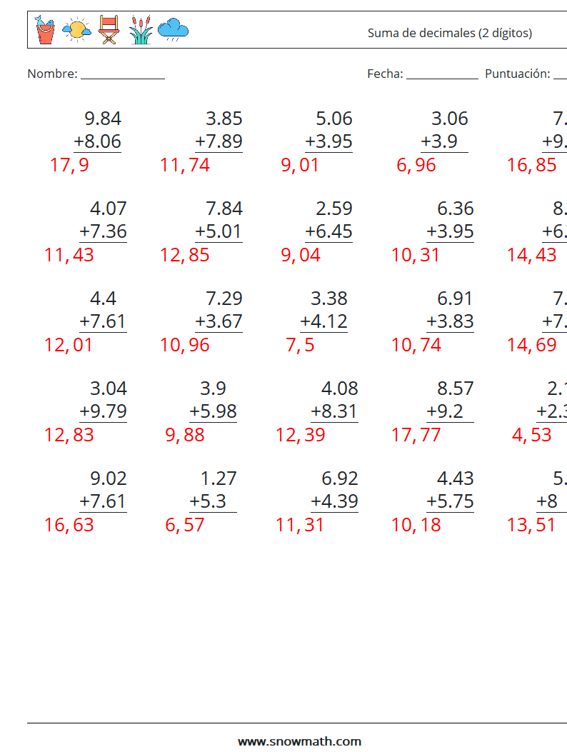 (25) Suma de decimales (2 dígitos) Hojas de trabajo de matemáticas 1 Pregunta, respuesta